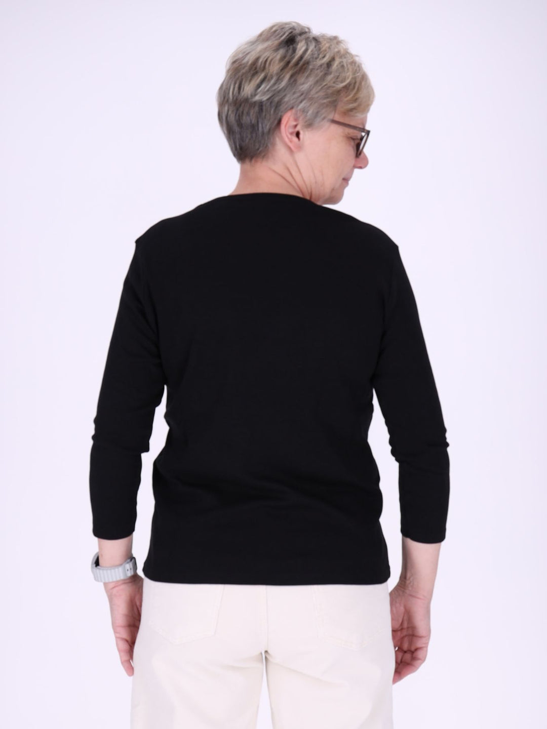V-Ausschnitt Shirt Damen mit 3/4-Arm aus 100 % Baumwolle – Schwarz