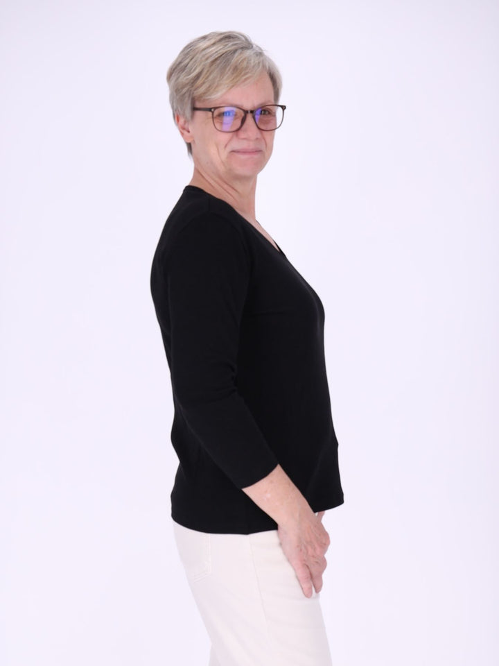 V-Ausschnitt Shirt Damen mit 3/4-Arm aus 100 % Baumwolle – Schwarz