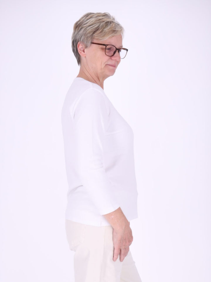 V-Ausschnitt Shirt Damen mit 3/4-Arm aus 100 % Baumwolle – Weiß