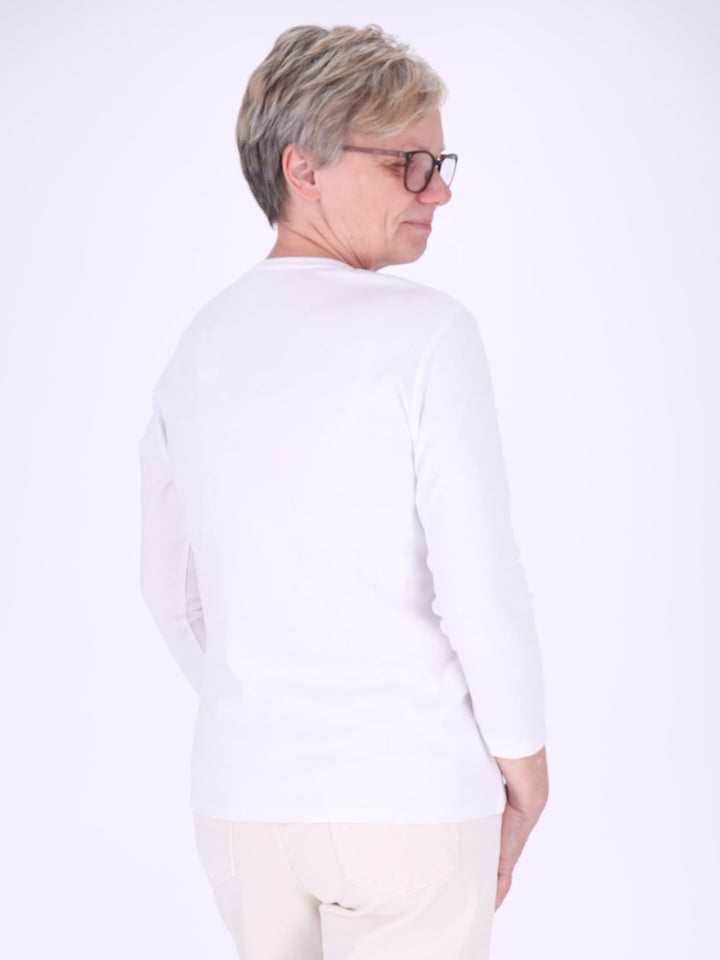 V-Ausschnitt Shirt Damen mit 3/4-Arm aus 100 % Baumwolle – Weiß
