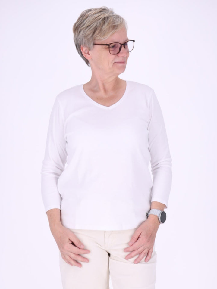 V-Ausschnitt Shirt Damen mit 3/4-Arm aus 100 % Baumwolle – Weiß