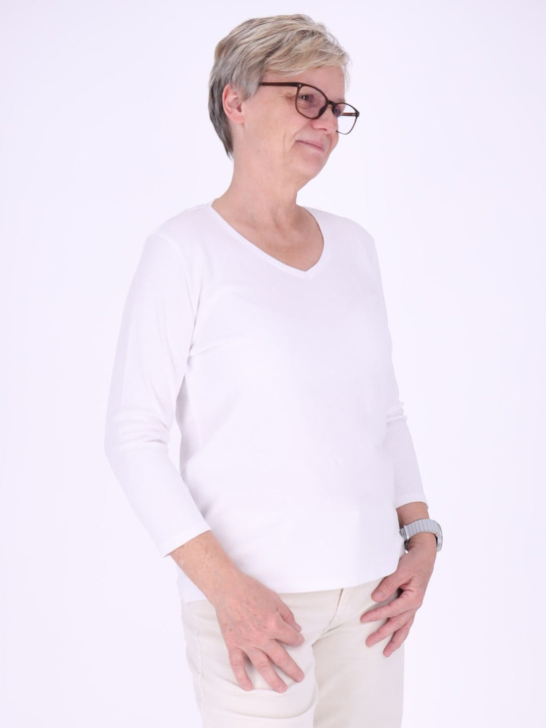 V-Ausschnitt Shirt Damen mit 3/4-Arm aus 100 % Baumwolle – Weiß