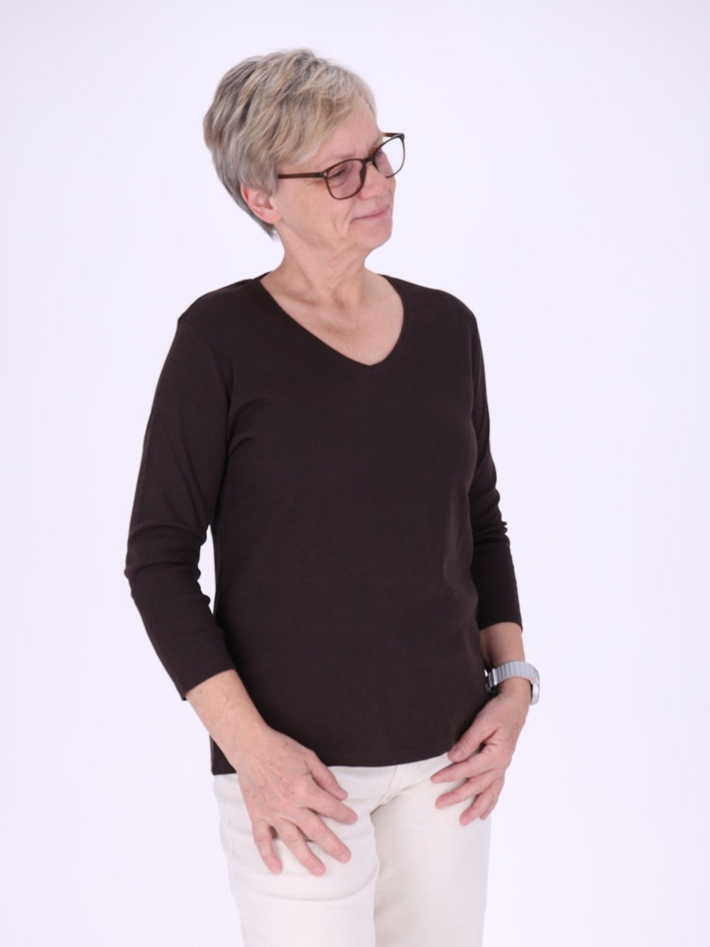V-Ausschnitt Shirt Damen mit 3/4-Arm aus 100 % Baumwolle – Braun