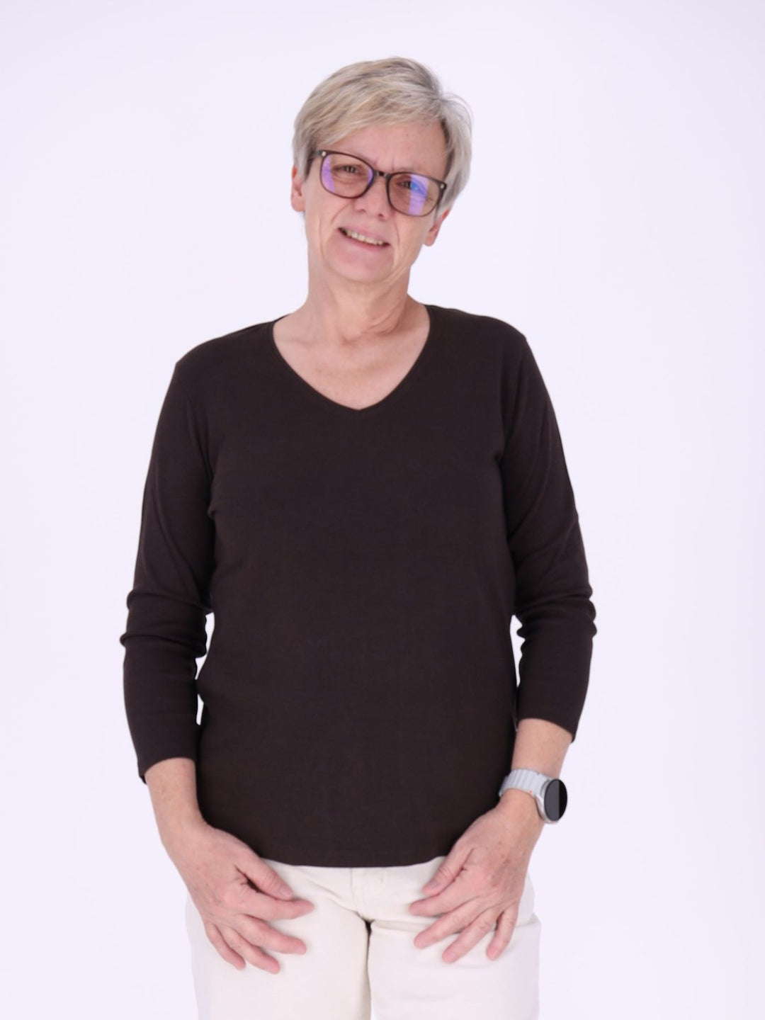 V-Ausschnitt Shirt Damen mit 3/4-Arm aus 100 % Baumwolle – Braun