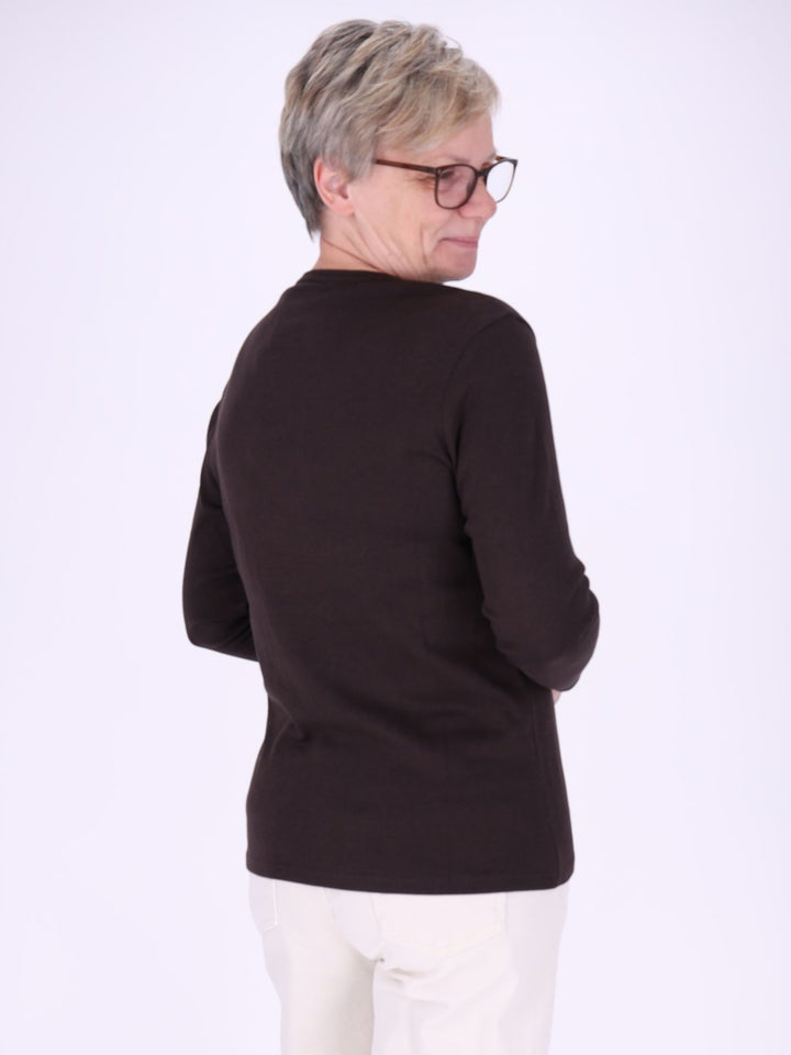 V-Ausschnitt Shirt Damen mit 3/4-Arm aus 100 % Baumwolle – Braun