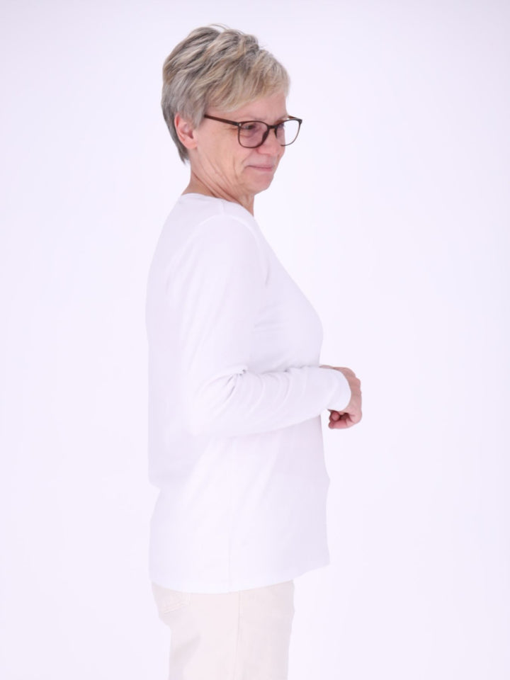 Rundhalsshirt Damen Langarm aus 100 % Baumwolle – Weiß