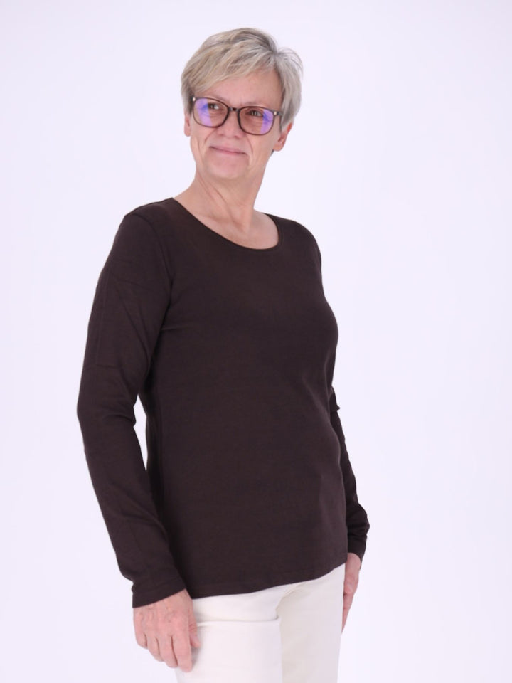 Rundhalsshirt Damen Langarm aus 100 % Baumwolle – Chocolate Torte Braun