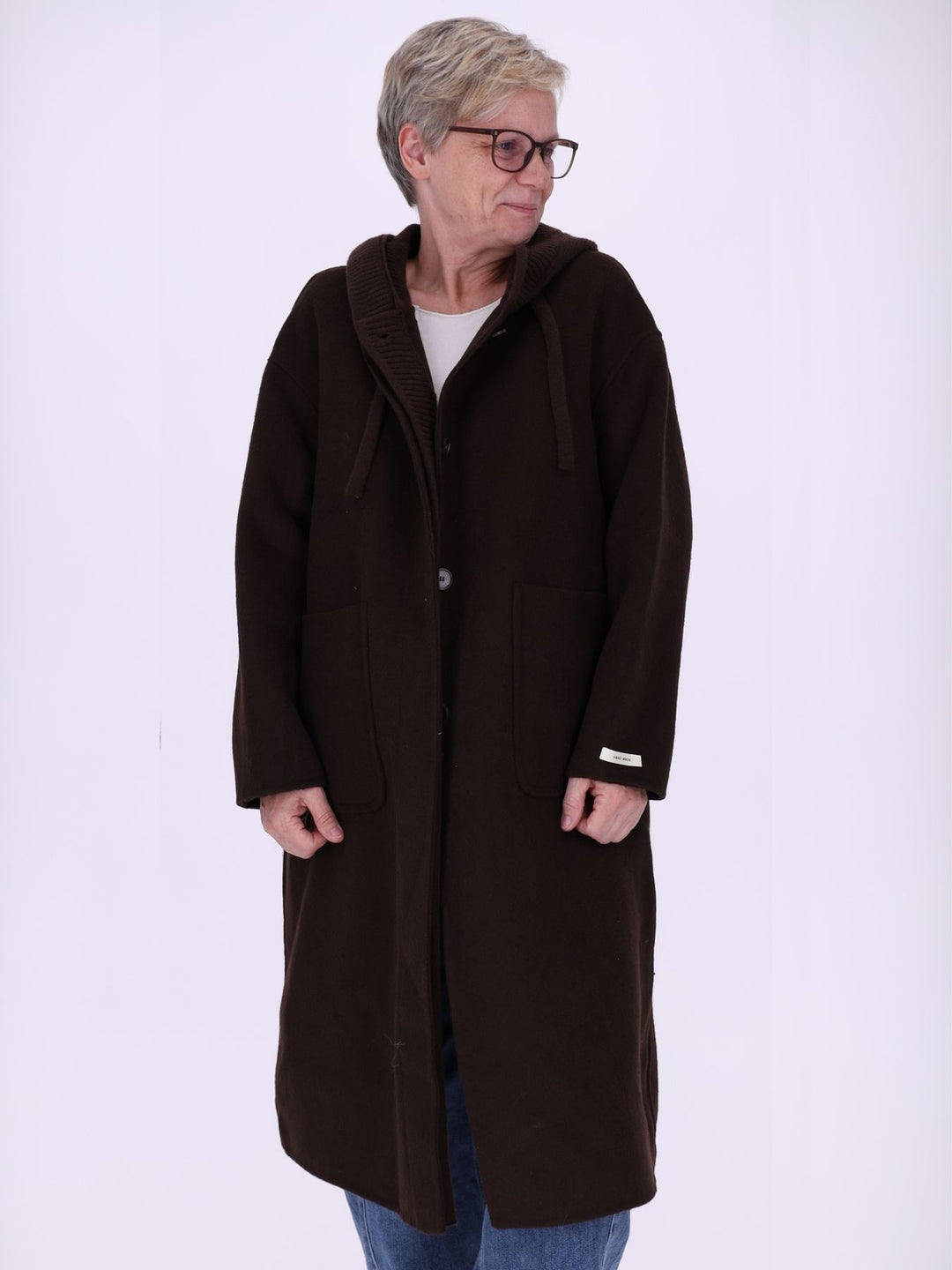 Wollmantel Damen Oversized mit Strickkapuze – Dunkelbraun