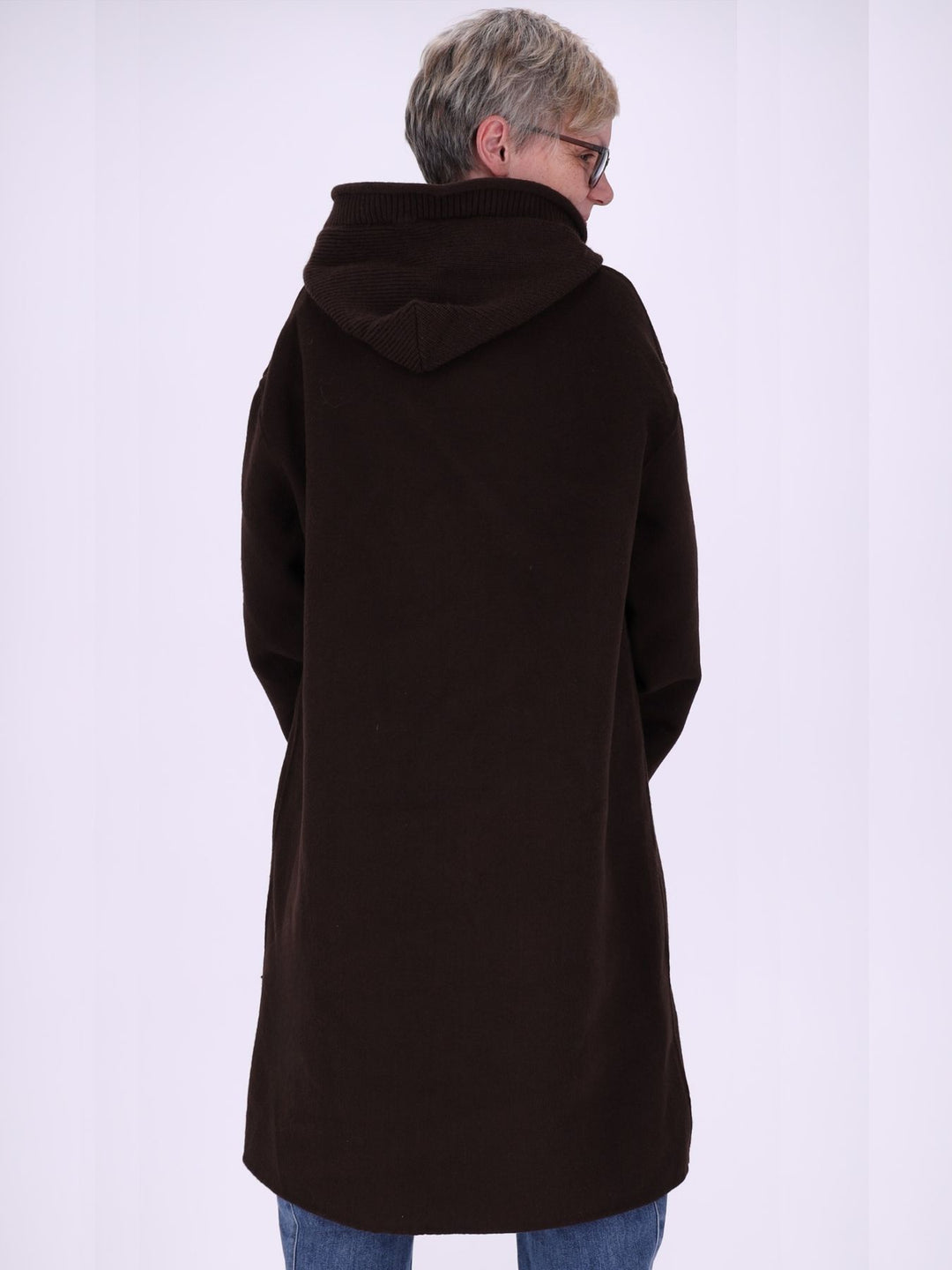 Wollmantel Damen Oversized mit Strickkapuze – Dunkelbraun