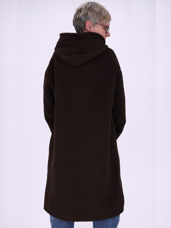 Wollmantel Damen Oversized mit Strickkapuze – Dunkelbraun