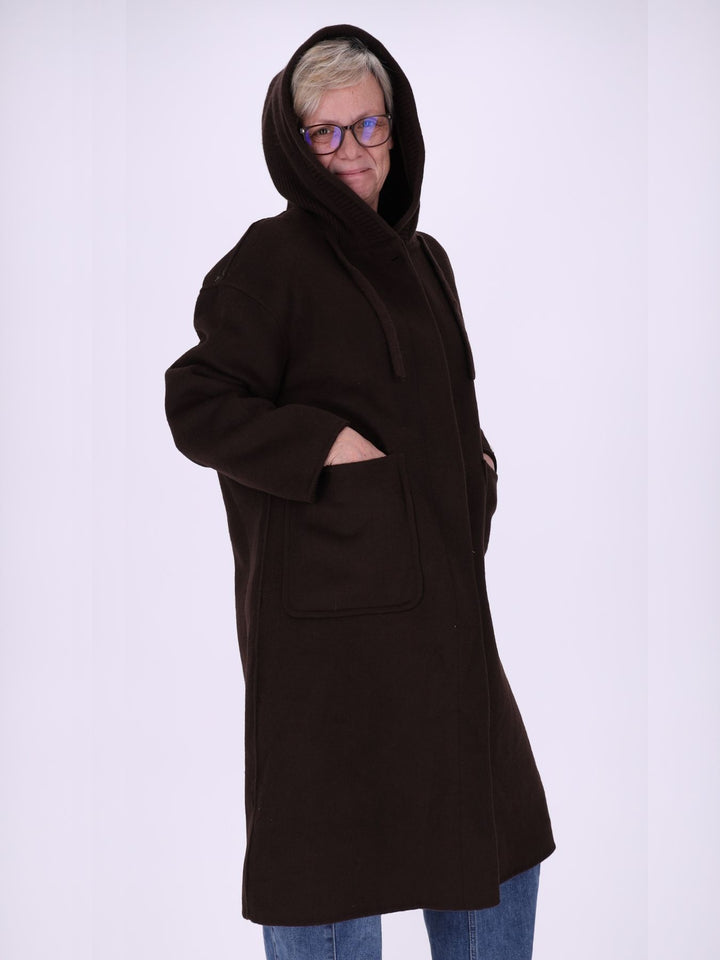 Wollmantel Damen Oversized mit Strickkapuze – Dunkelbraun