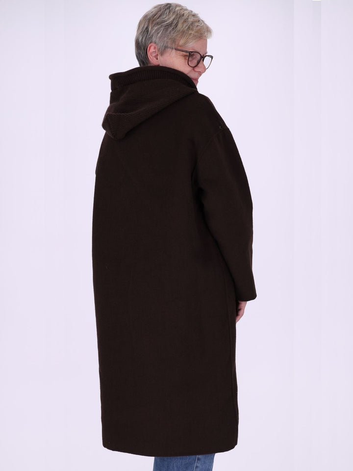 Wollmantel Damen Oversized mit Strickkapuze – Dunkelbraun