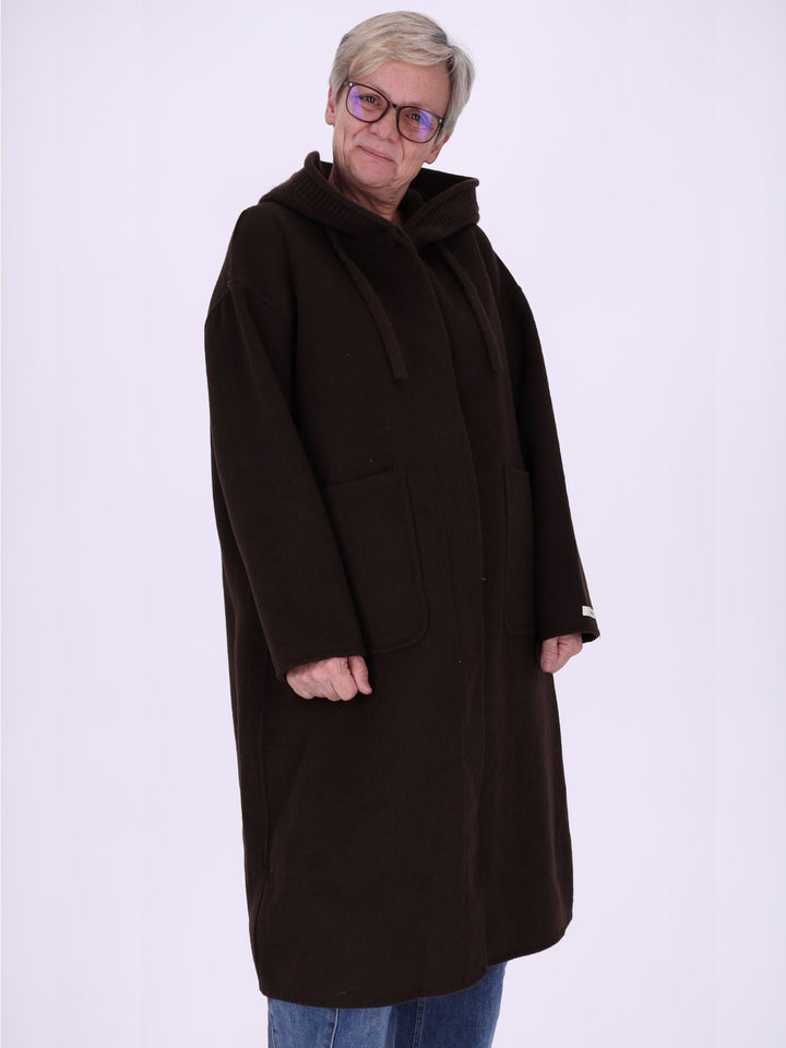 Wollmantel Damen Oversized mit Strickkapuze – Dunkelbraun
