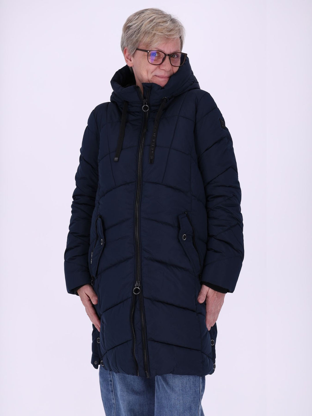Damen Steppjacke mit Kapuze und Kontrast-Velvetfutter – Dunkelblau