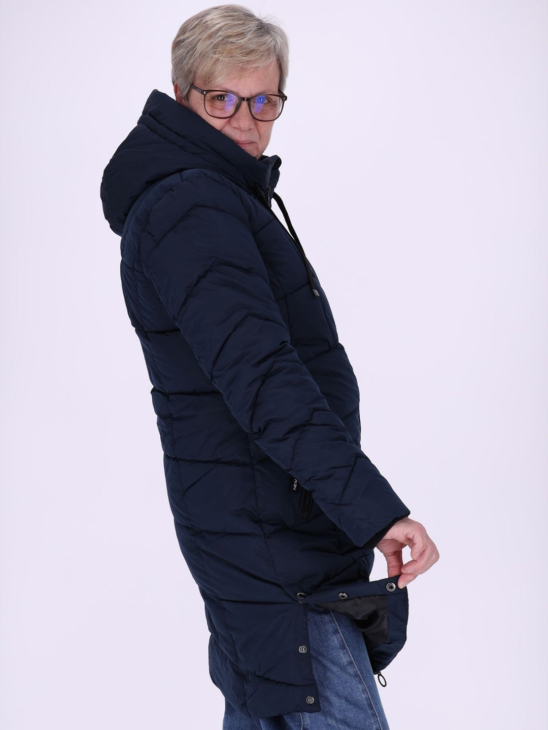 Damen Steppjacke mit Kapuze und Kontrast-Velvetfutter – Dunkelblau