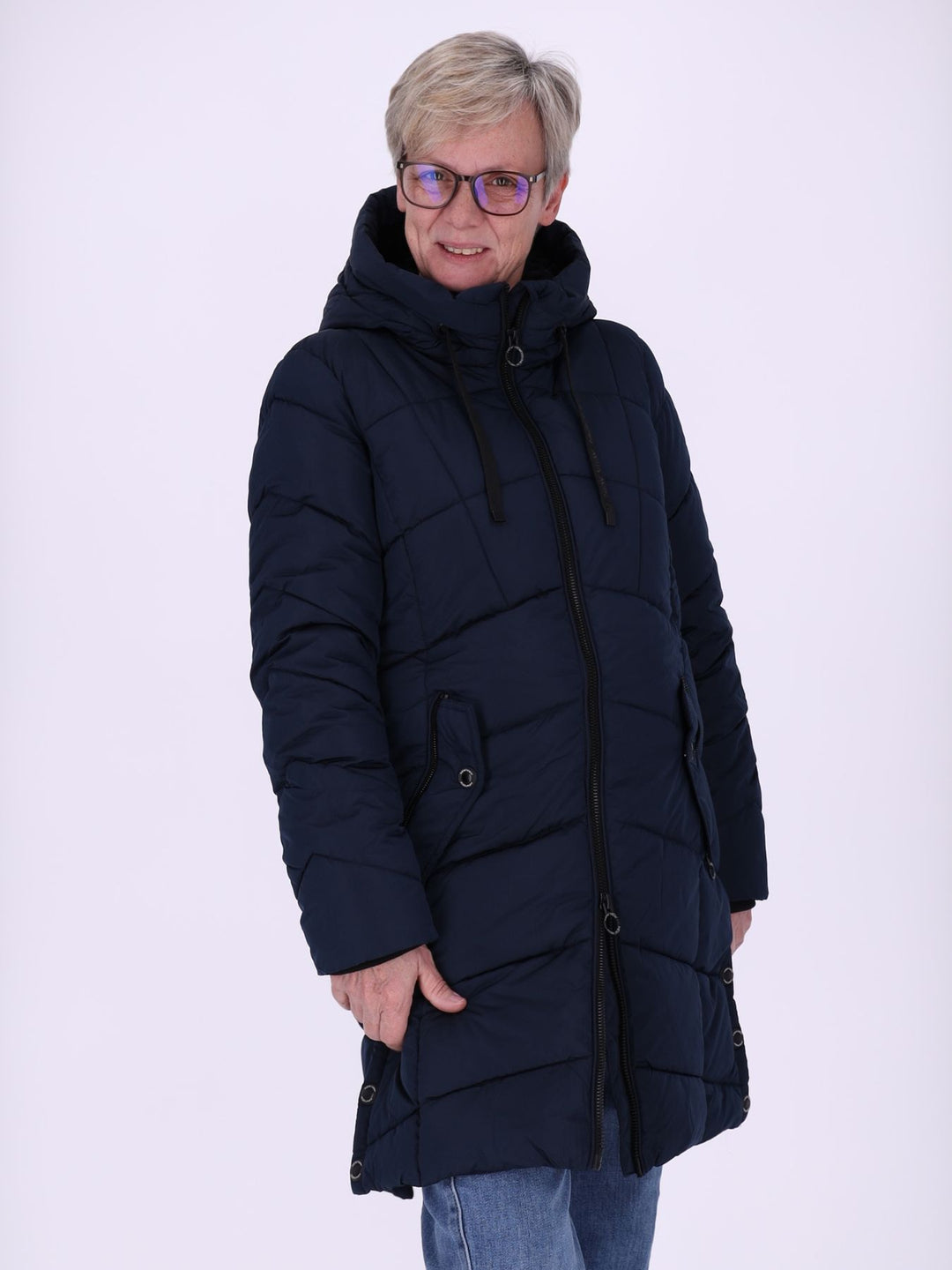 Damen Steppjacke mit Kapuze und Kontrast-Velvetfutter – Dunkelblau