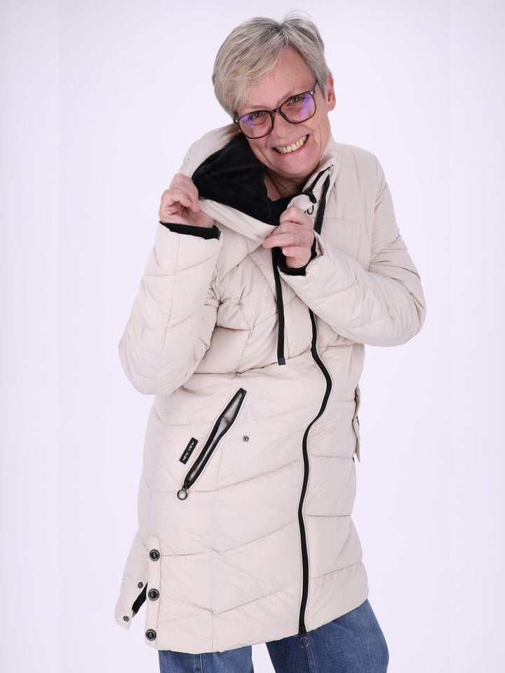 Damen Steppjacke mit Kapuze & Kontrast-Velvetfutter – Creme | Wasserabweisend