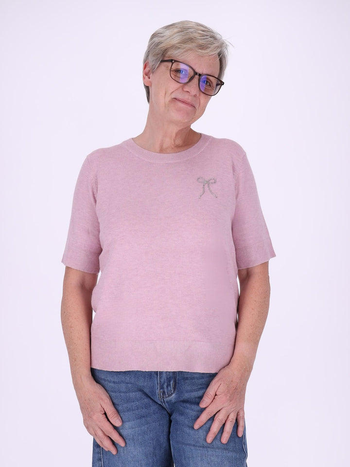 Strick T-Shirt Damen mit Perlenschleife – Rosa