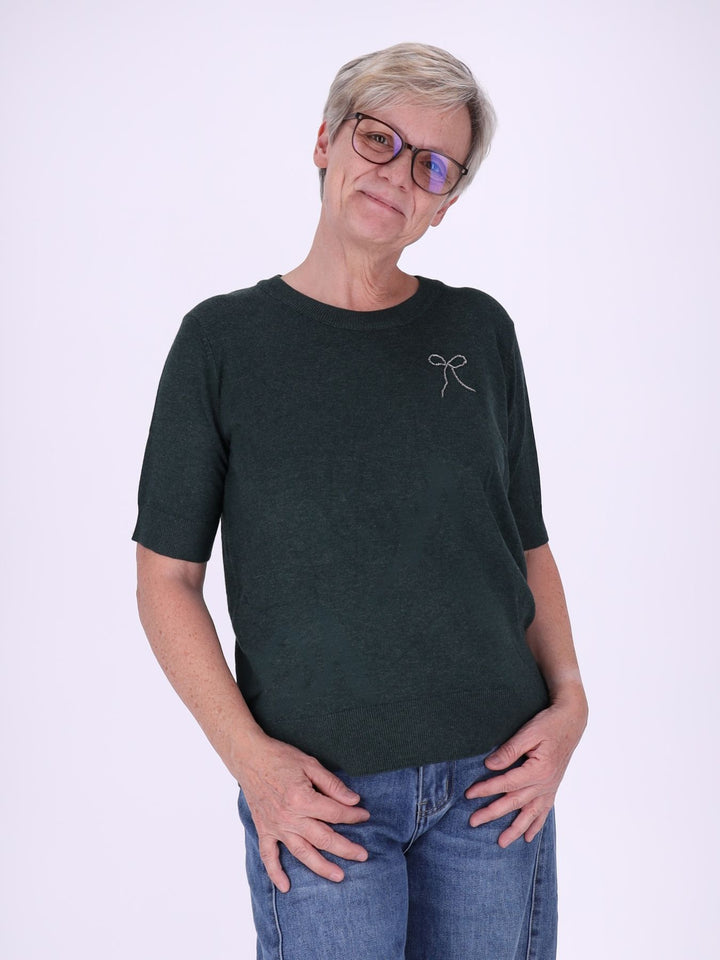 Strick T-Shirt Damen mit Perlenschleife – Grün
