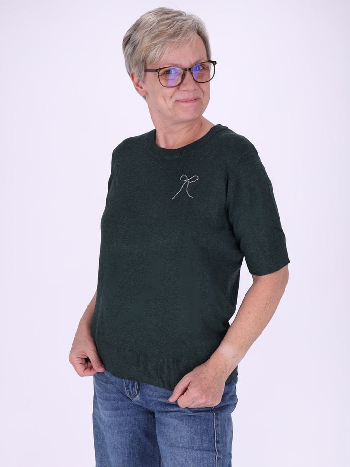 Strick T-Shirt Damen mit Perlenschleife – Grün