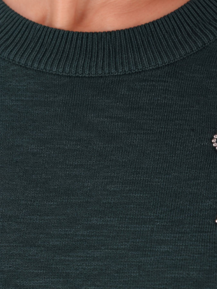 Strick T-Shirt Damen mit Perlenschleife – Grün