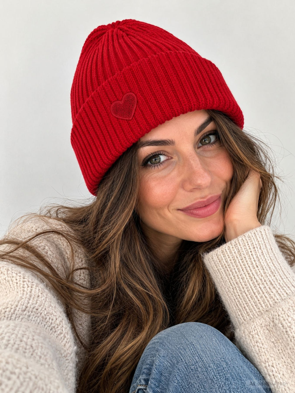 Strickmütze Damen mit Herz Ton-in-Ton – Rot
