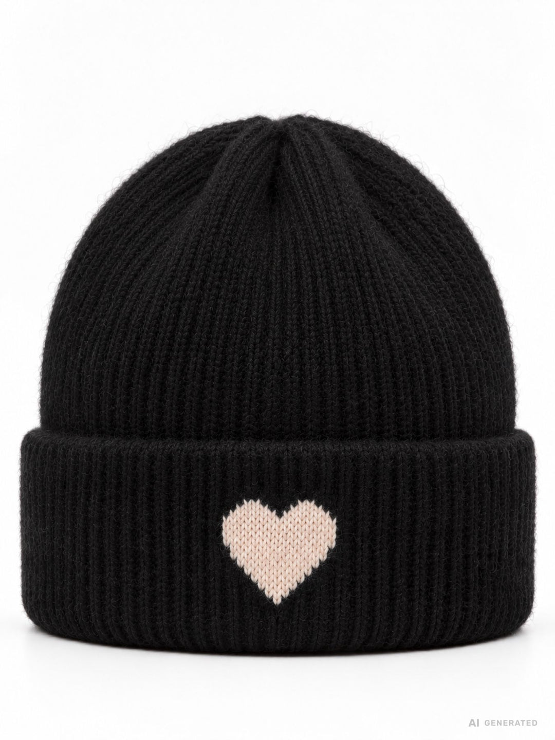 Damen Strickmütze mit Herz – Schwarz mit beigem Herz