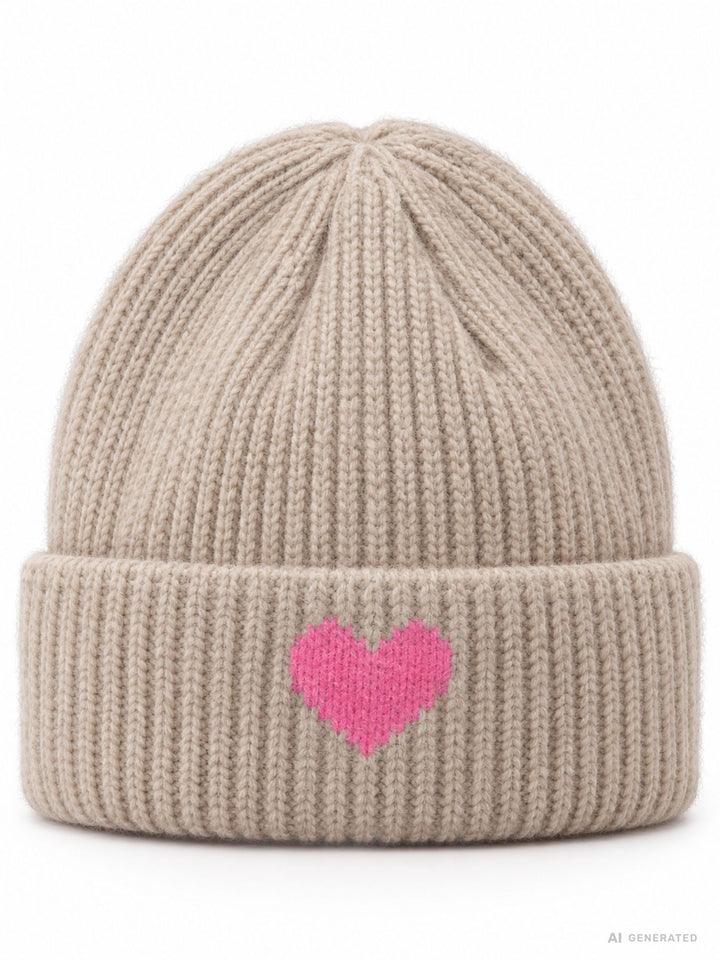 Damen Strickmütze Beige mit pinkem Herz – Kuschelig, modern & liebevoll